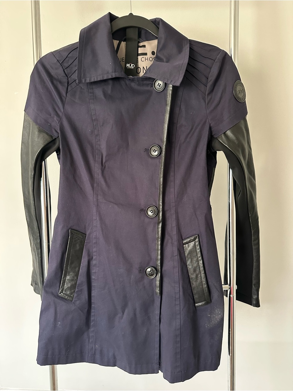 Rud by Rudsak Navy Trench Coat with Leather sleeves and Trim